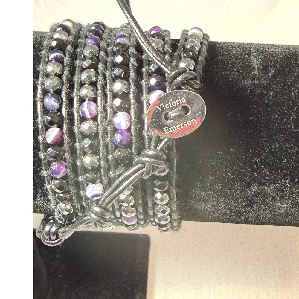 Victoria Emerson Black Leather & Beaded Wrap Bracelet  NWOT